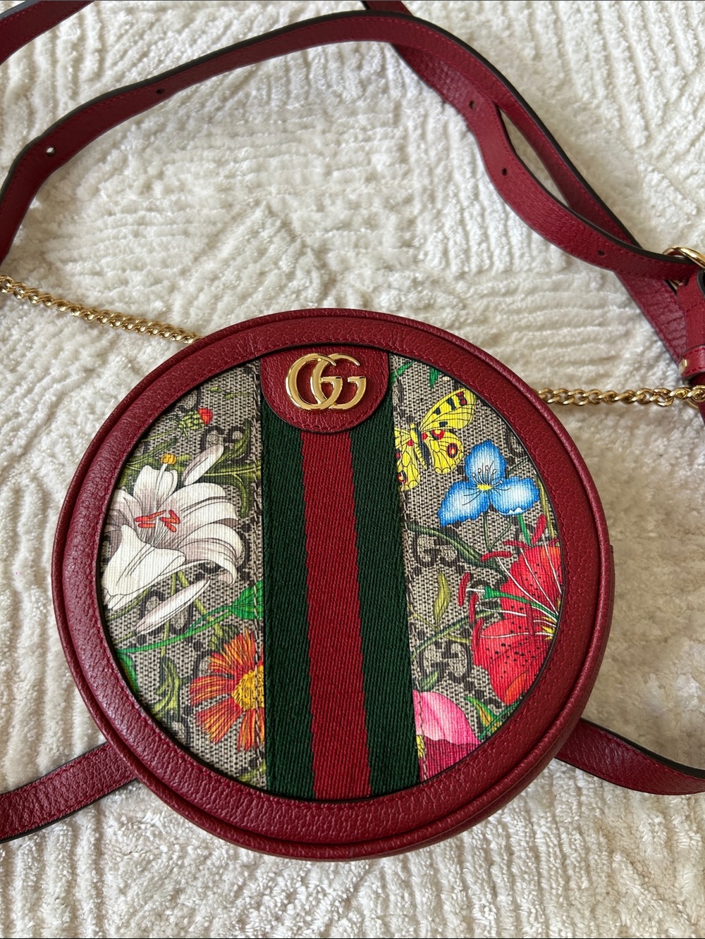 Gucci Red Floral Round Crossbody with Green-Red Web Stripe